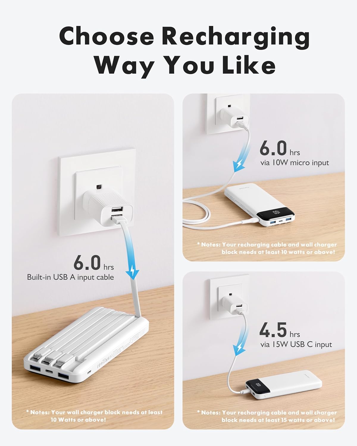 charmast Portable Charger with Reinforced Built-in 4 Cables,10000mAh Power Bank Travel Essentials 6 Outputs 3 Inputs 3A Fast Charging Compatible with iPhone iPad Samsung Google Pixel LG Moto etc.