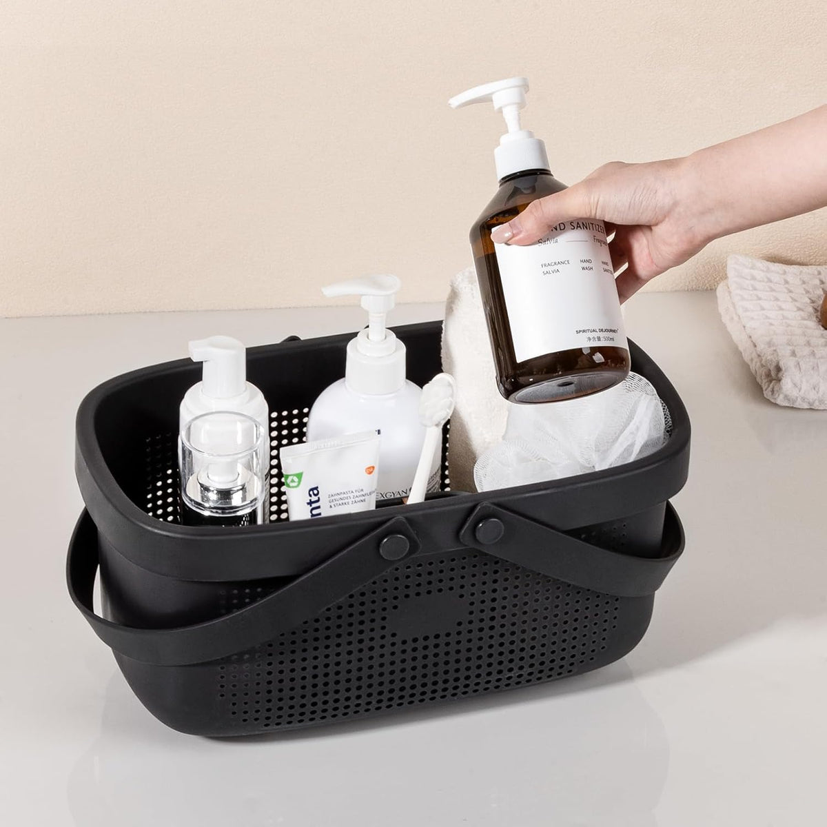 JiatuA Plastic Storage Basket with Handle Portable Shower Caddy Tote Organizer Basket Bin for Bathroom Kitchen Dorm Room Bedroom, Black