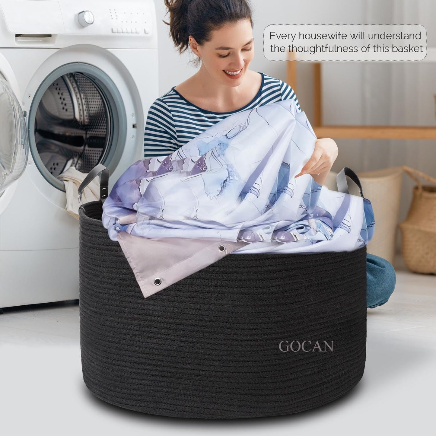Cotton Rope Woven Laundry Basket 22"X 22"X 14" with handles (Pure Blk) XXXL | Hand-woven, ideal for storing blankets and cushions in the living room, and clothes for household storage.