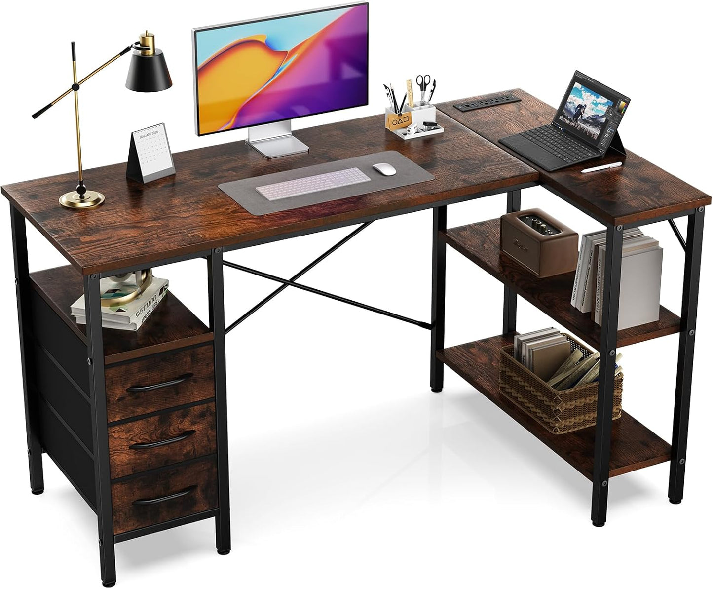 Simple Deluxe L Shaped Gaming Desk with Power Outlets, 47 Inch Computer Desk with 3 Drawers, Shelves, Corner Computer Desk for Gaming, Corner Work, Home Office, Study, Rustic Brown