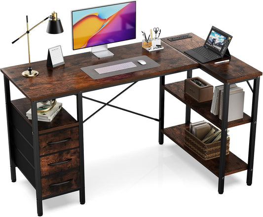 Simple Deluxe L Shaped Gaming Desk with Power Outlets, 47 Inch Computer Desk with 3 Drawers, Shelves, Corner Computer Desk for Gaming, Corner Work, Home Office, Study, Rustic Brown