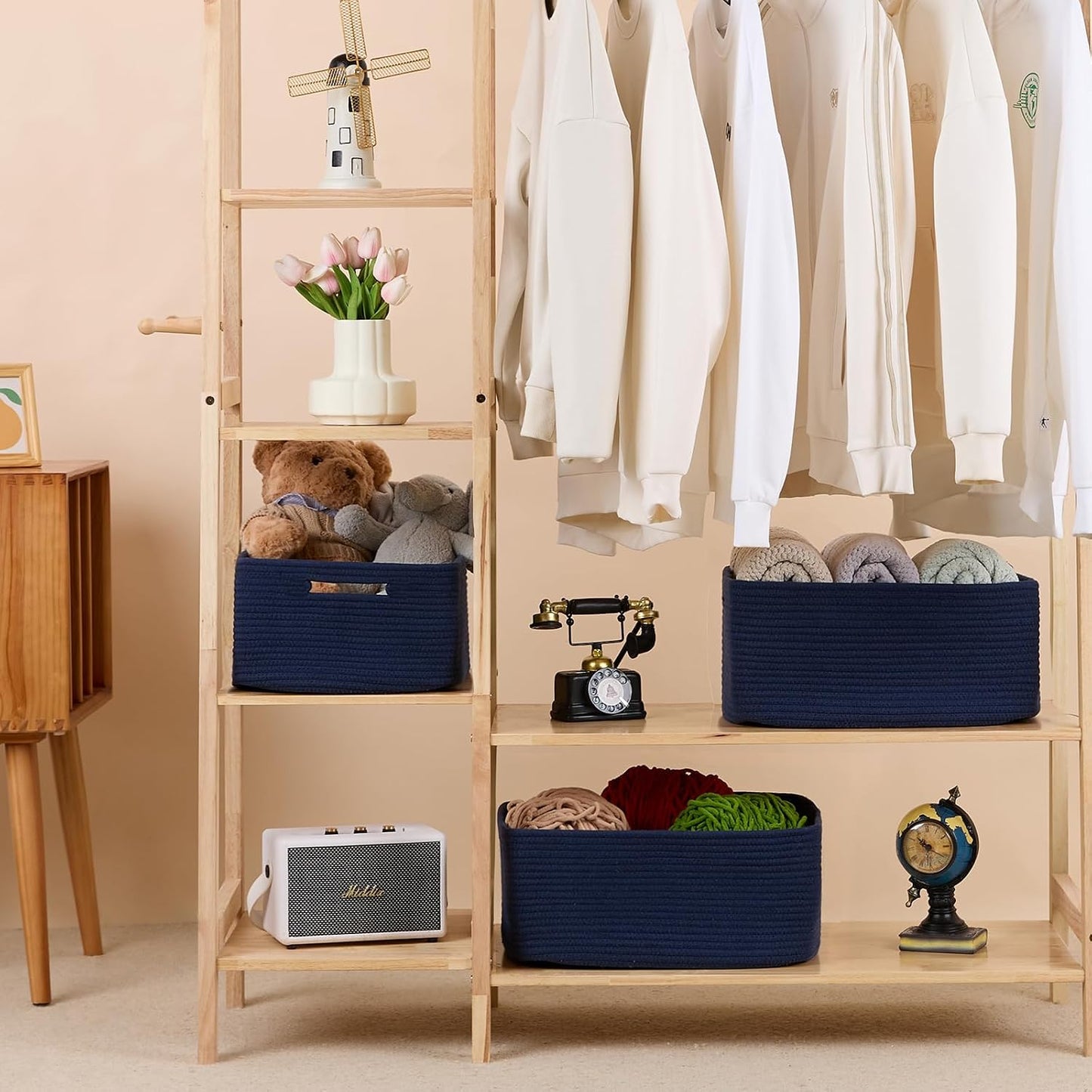 MiniArk Large Storage Baskets for Shelves, 17 x 13 x 7.5” Closet Organizers Bins for Clothes Blanket Towels, Baby Nursery, Toy Baskets Box, Woven Rope Baskets, 3 Packs Navy Blue