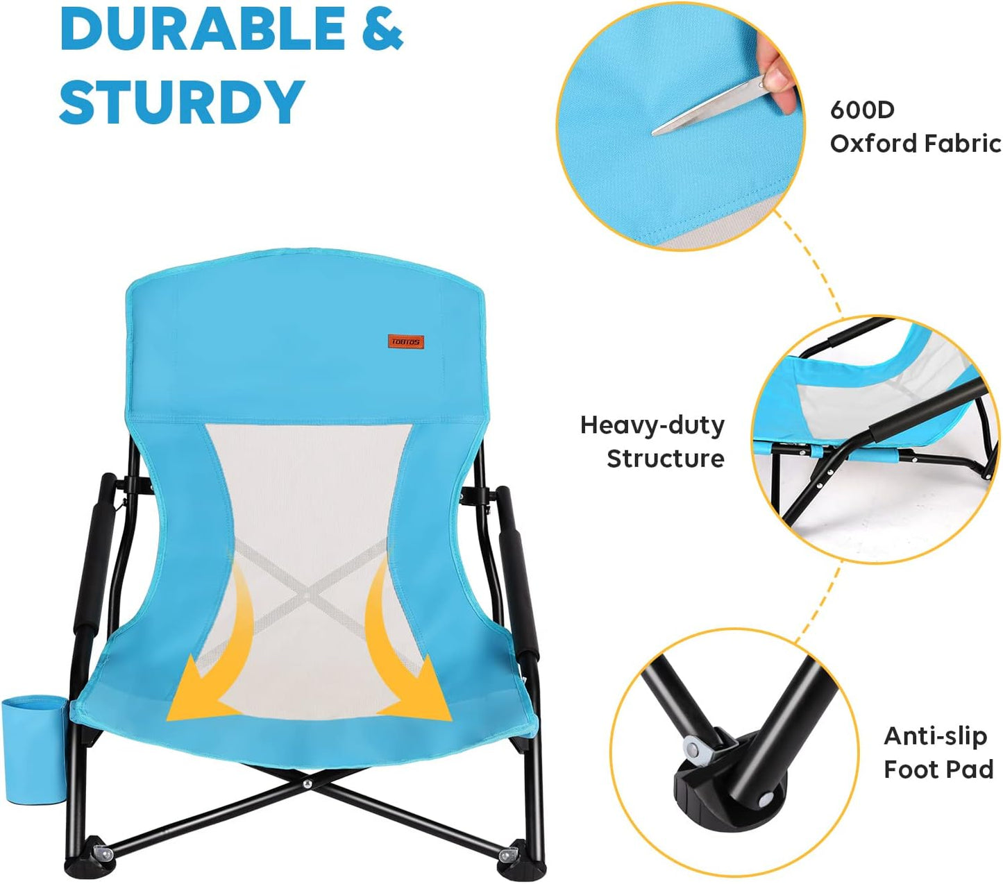 TOBTOS Low Beach Chair for Adults 2 Pack, Low Profile Folding with Cup Holder & Carry Bag, Heavy Duty Chair for Outdoor Sand, Camping, Concert, Travel
