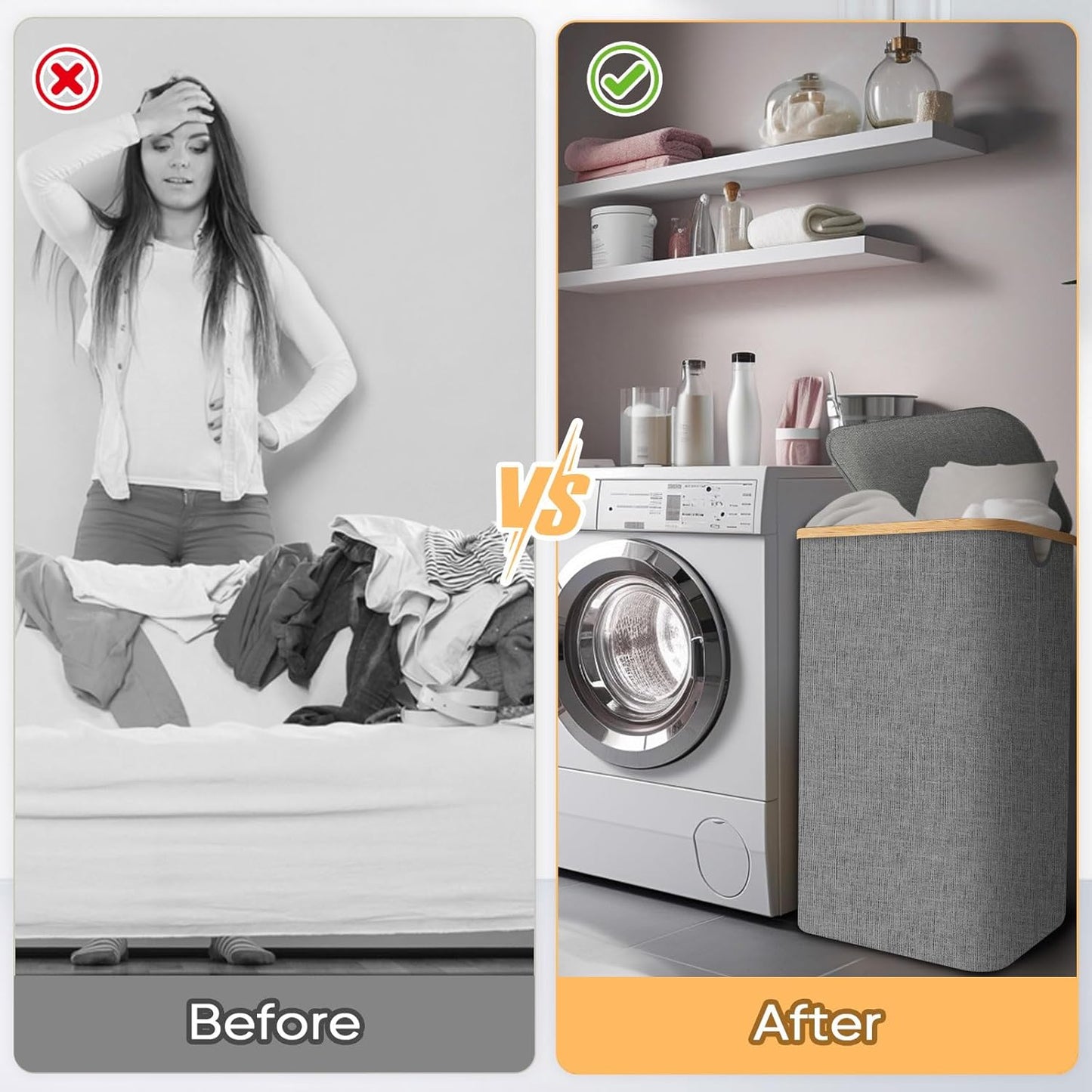 BALEINE Laundry Hamper with Lid, Tall Laundry Baskets with Bamboo Pull Handles, Large Laundry Bin with Internal Support (26 Gal/100L, Grey)