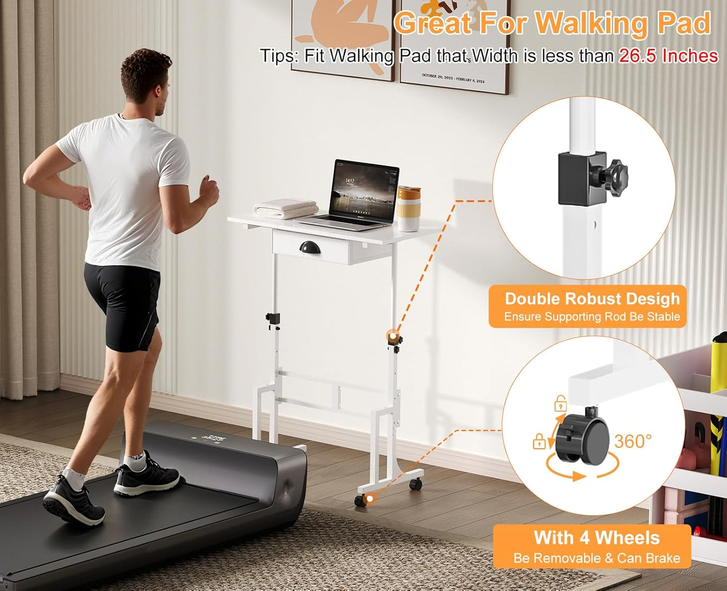 Cidaziya Adjustable Height Standing Desk for Walking Pad Treadmill, Portable Rolling Desk for Laptop with Drawer, Small Moblie Sit to Stand Desk On Wheels with Stiffener for Home Office Dorm Bedroom