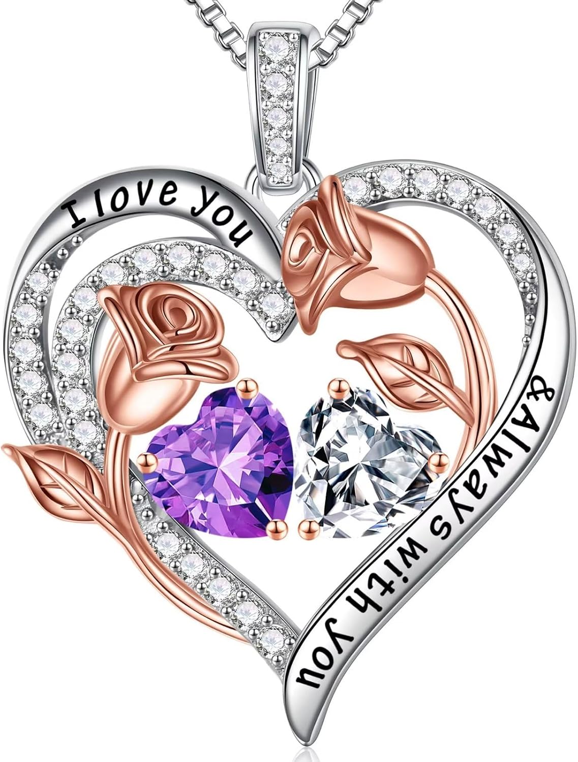 Iefil Birthstone Necklace for Women - Rose Heart Necklace