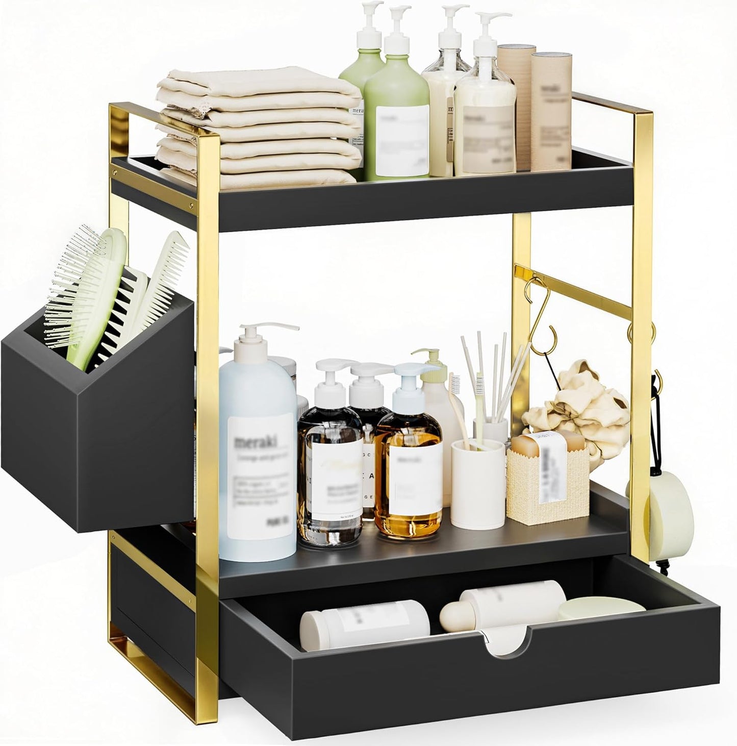 2-Tier Bathroom Counter Organizer with Drawer and Basket, Wood Countertop Organizer for Storage, Skincare Organizers for Vanity, Counter Shelf for Bathroom Organization(White-gold)