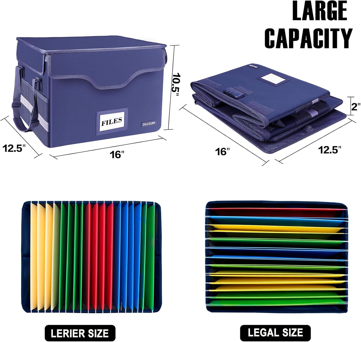 DocSafe Fireproof Document Box with Lock, File Storage Organizer with Mesh Pockets, Collapsible Portable File Box Home Office Safe Filing Cabinet with Handle for Hanging Letter/Legal Folder, Blue