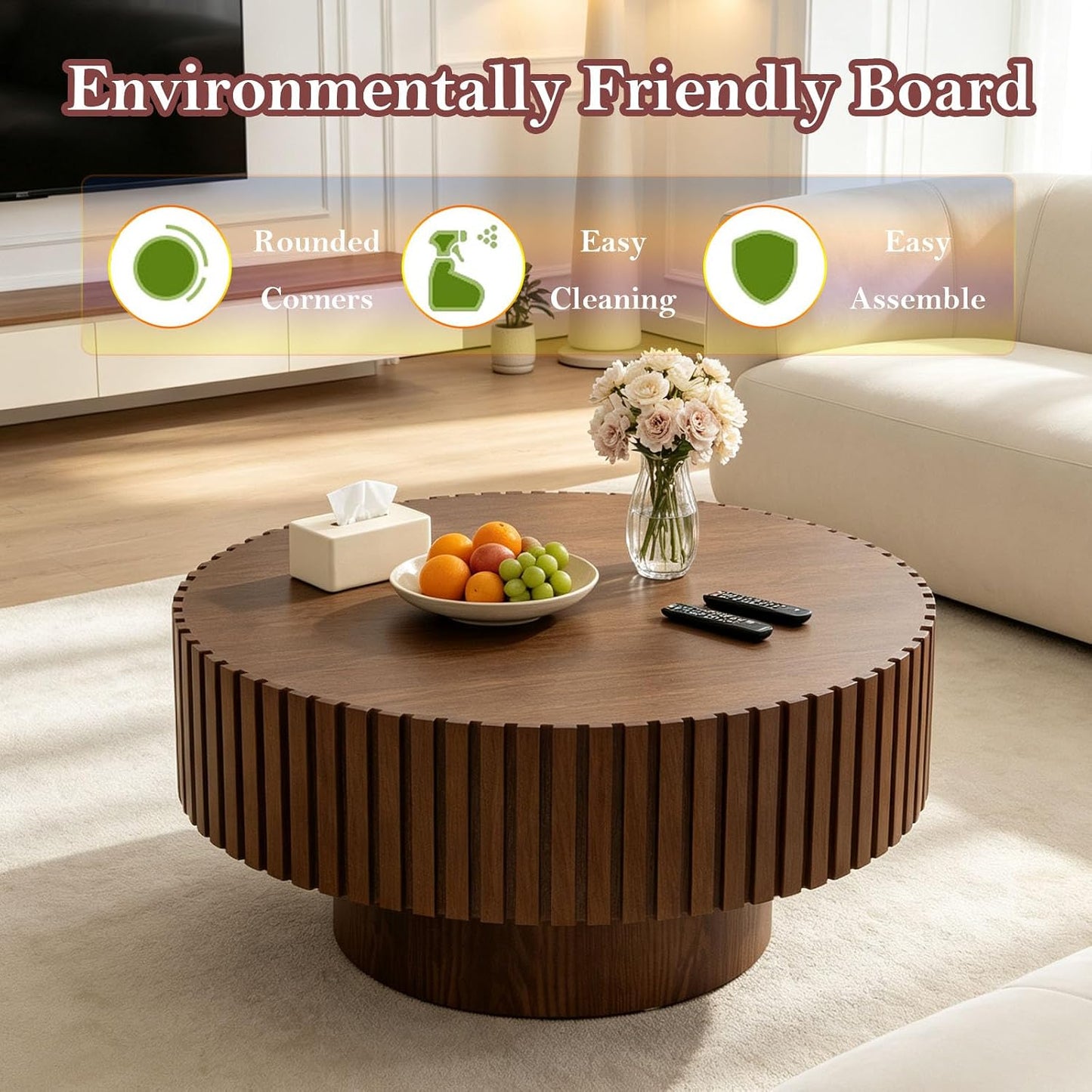 Unique Fluted Coffee Table with Sturdy Pedestal (F Round Brown 31.5in) | Modern Handcraft Drum Side End Table Easy Assembly for Living Room Apartment