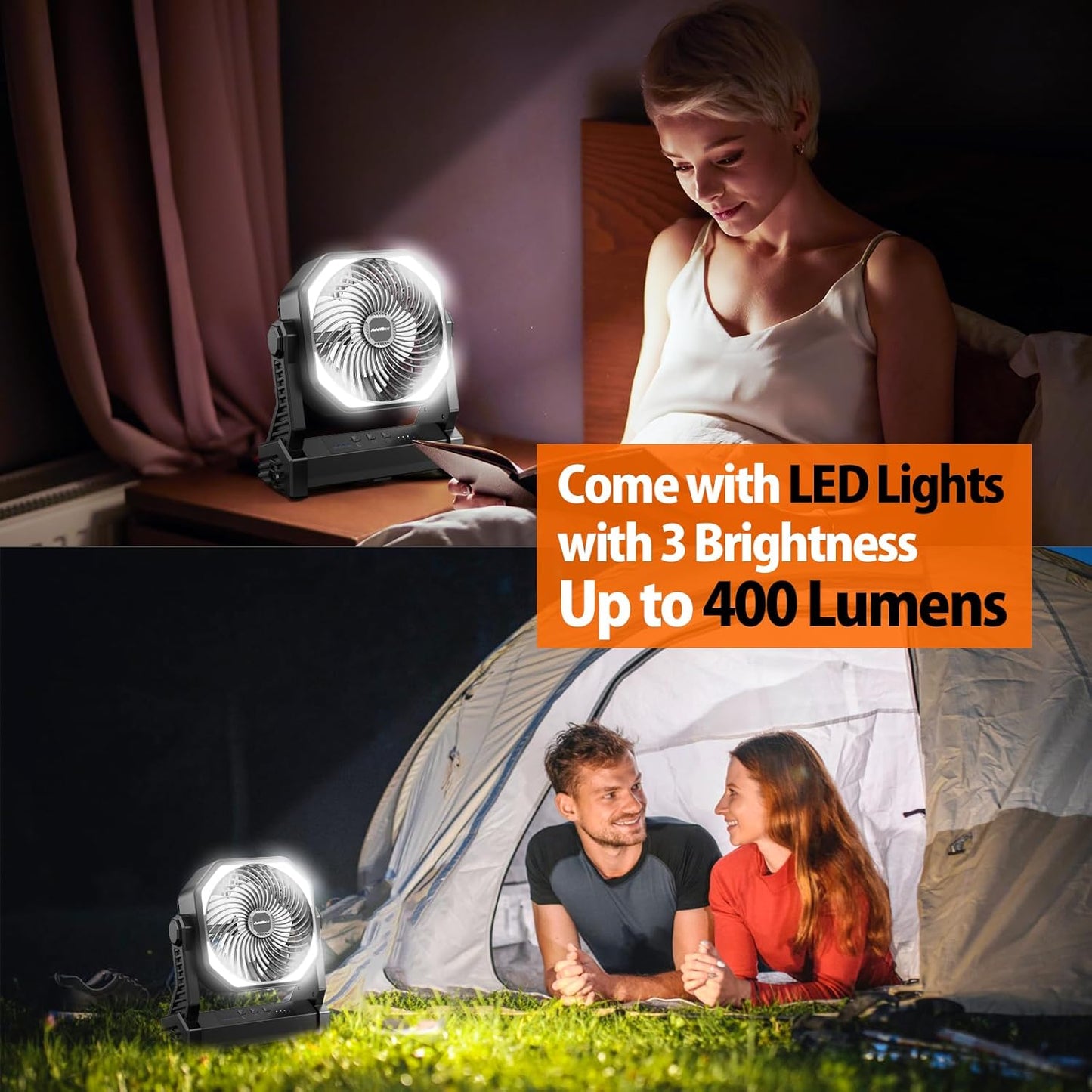 20000mAh Battery Powered Camping Fan, 58Hrs Rechargeable Portable Fan, 400LM Light, 360° Hook, Whisper Quiet Battery Operated Fan for Outdoor Car Travel Gear Essentials Power Outages Co-brand AMACOOL