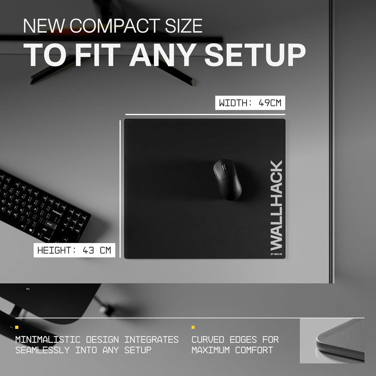 Wallhack SP-004A Glass Mouse Pad 15.4" x 17.7" Tempered Glass Mousepad for FPS & Esports Gaming, Compact Precision Surface, Smooth Tracking & Non-Slip 60A Silicone Base for Small Desk Setups, Black