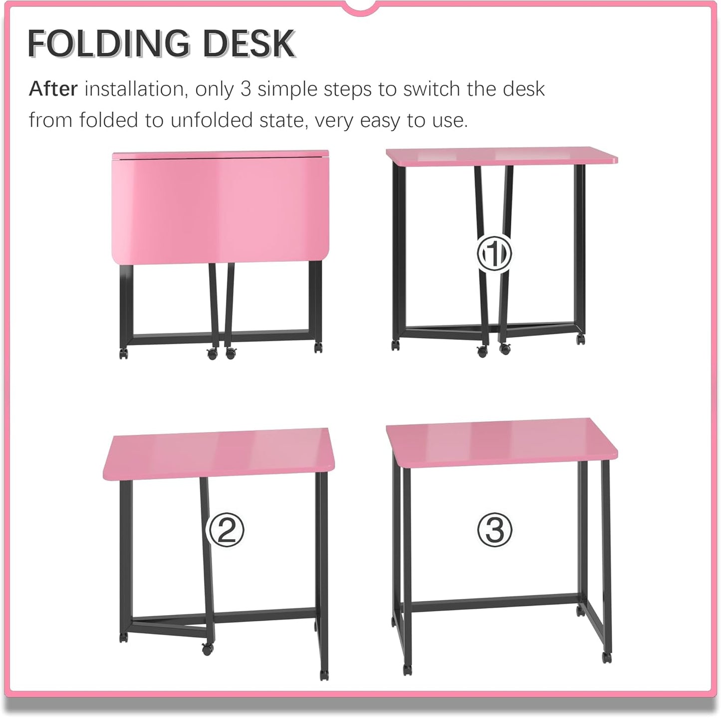 4NM 23.6" Mobile Small Folding Desk, Foldable Rolling Computer Home Office Desk, Study Writing Table for Small Space Saving Bedroom, with Wheels - Pink and Black