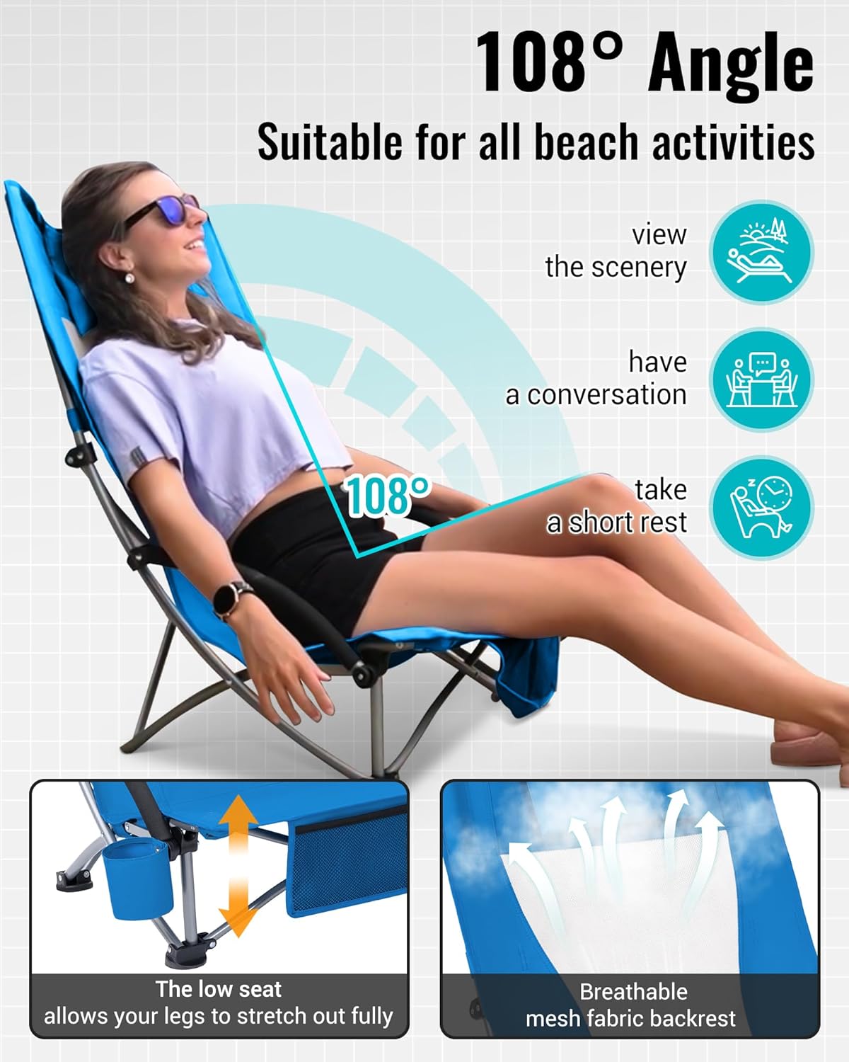 KingCamp Low Beach Chair, High Back Folding Camping Chair for Adults, Oversized Breathable Mesh Seat, 300lbs Heavy Duty Portable Chair with Cup Holder & Storage Pockets for Beach, Outdoor