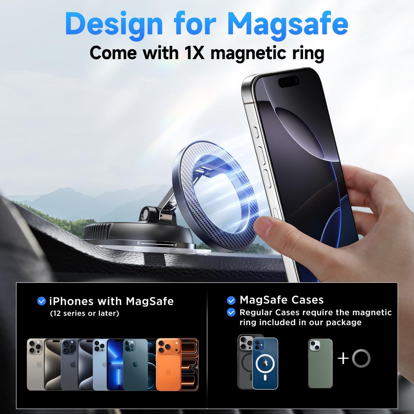 ANDERY Car Phone Holder for Magsafe [78+LBS Strongest Suction & 2400gf Magnetic] 360° Adjustable Car Phone Mount, Phone Holders for Your Car for iPhone 17 Pro Max 16 15 14 13 12 Plus Air, Carbon Fiber