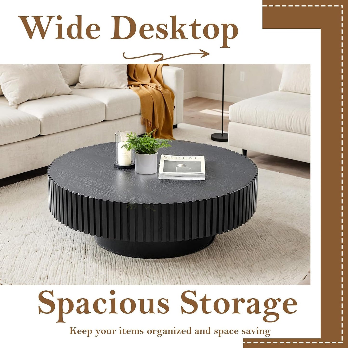 31.5" Round Drum Fluted Coffee Table (G) | Mid-Century Modern, Easy Assembly, Sturdy Pedestal, Center Tables for Apartment Living Room