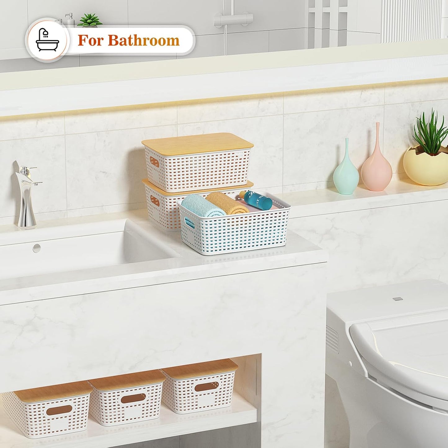 Ohmlove 6 Pack Plastic Storage Baskets with Bamboo Lids for Organization | Stackable Storage bins, Storages Baskets for Organizing Shelves Drawers Desktop Closet Playroom Classroom Office, Cream White