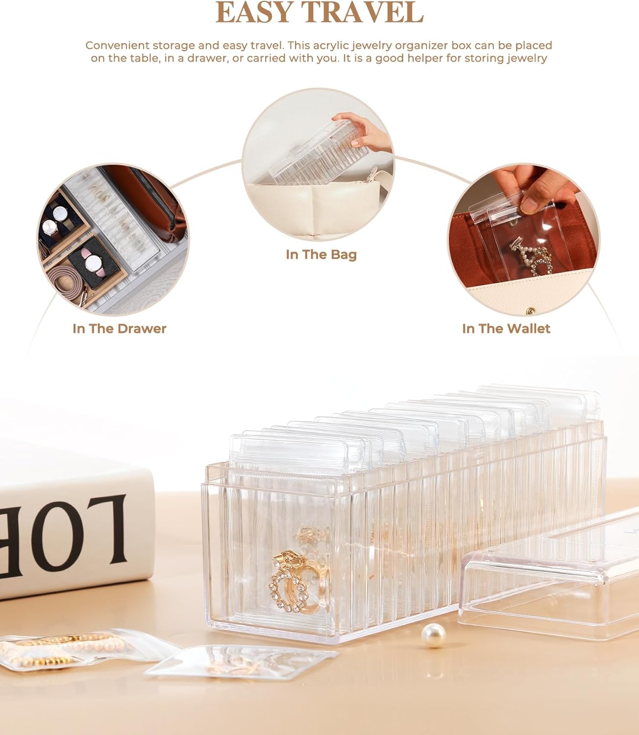 HOMEHIVE Acrylic Jewelry Box Organizer, Clear Jewelry Organizer and Storage with 20 Portable Anti Tarnish Jewelry bags, Travel Jewelry Case for Earrings/Rings/Necklaces Gifts for Women Girls, Clear