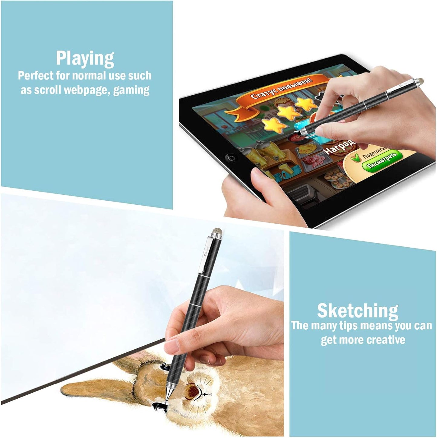 Capacitive Stylus Pen, 4-in-1 High Sensitivity and Precision Touch Screen Stylus Clear Disc Tip,Black Rubber Tip &Mesh Fiber Tip Compatible with Universal Touch Screen Device,Black