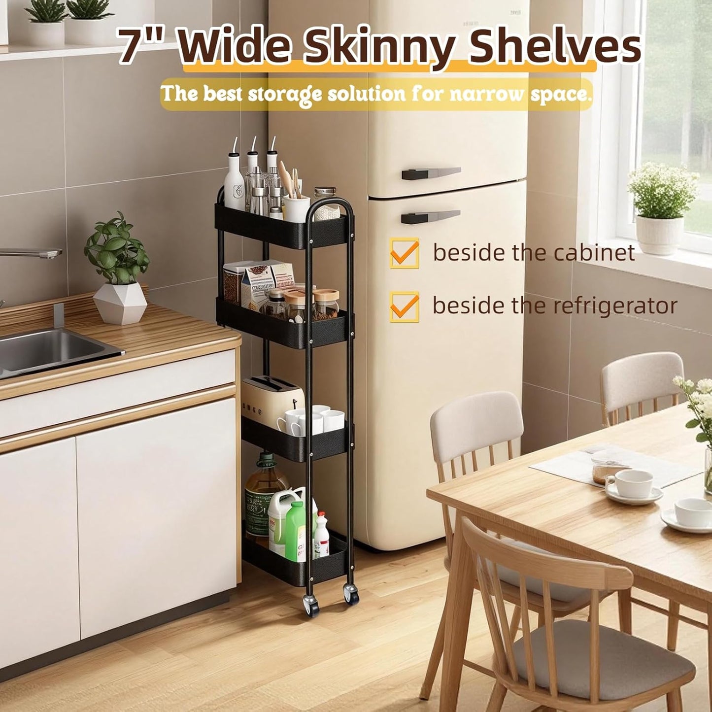 4 Tier Slim Storage Cart with Wheels for Laundry Room Between Washer and Dryer, 7.1'' Narrow Rolling Cart with Wheels and Lockable Casters, Metal Thin Standing Shelf for Small Space, Black