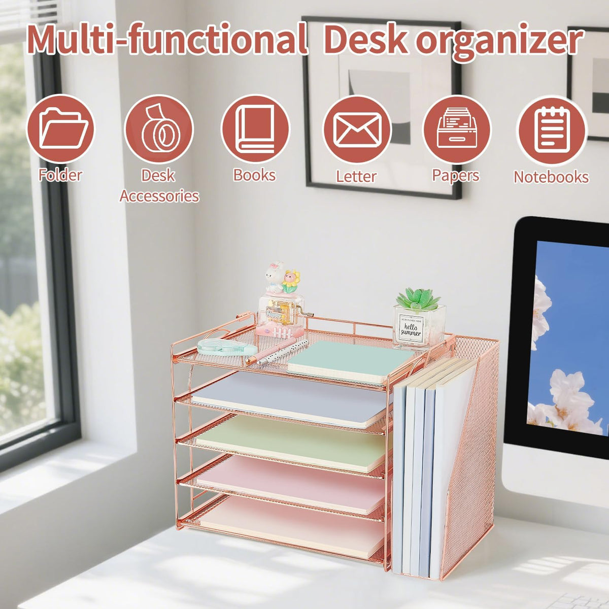 AUPSEN Rose Gold Desk Organizers and Accessories, 5-Tier Desktop Paper File Organizer with Removable File Holder, Desk Accessories & Workspace Organization for Home Office Supplies (Rose Gold)