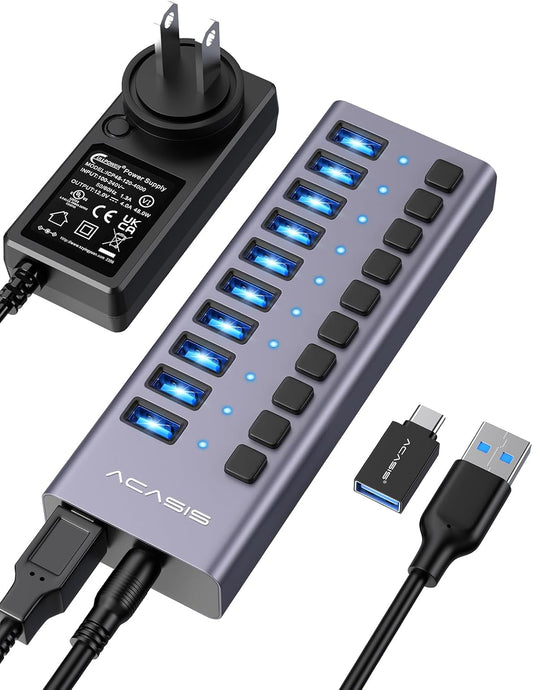 ACASIS Powered 10 Ports USB 3.2 Hub, 10Gbps Data Transfer, 48W Adapter