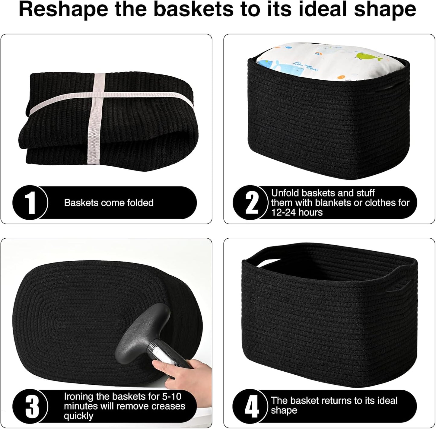 ICERZCZ Black Storage Baskets for Organizing Shelves, Toy Basket for Nursery, Woven Cotton Rope Basket for Decor, Towel Baskets for Bathroom, 15"x11"x9.5", 3 Packs, Black