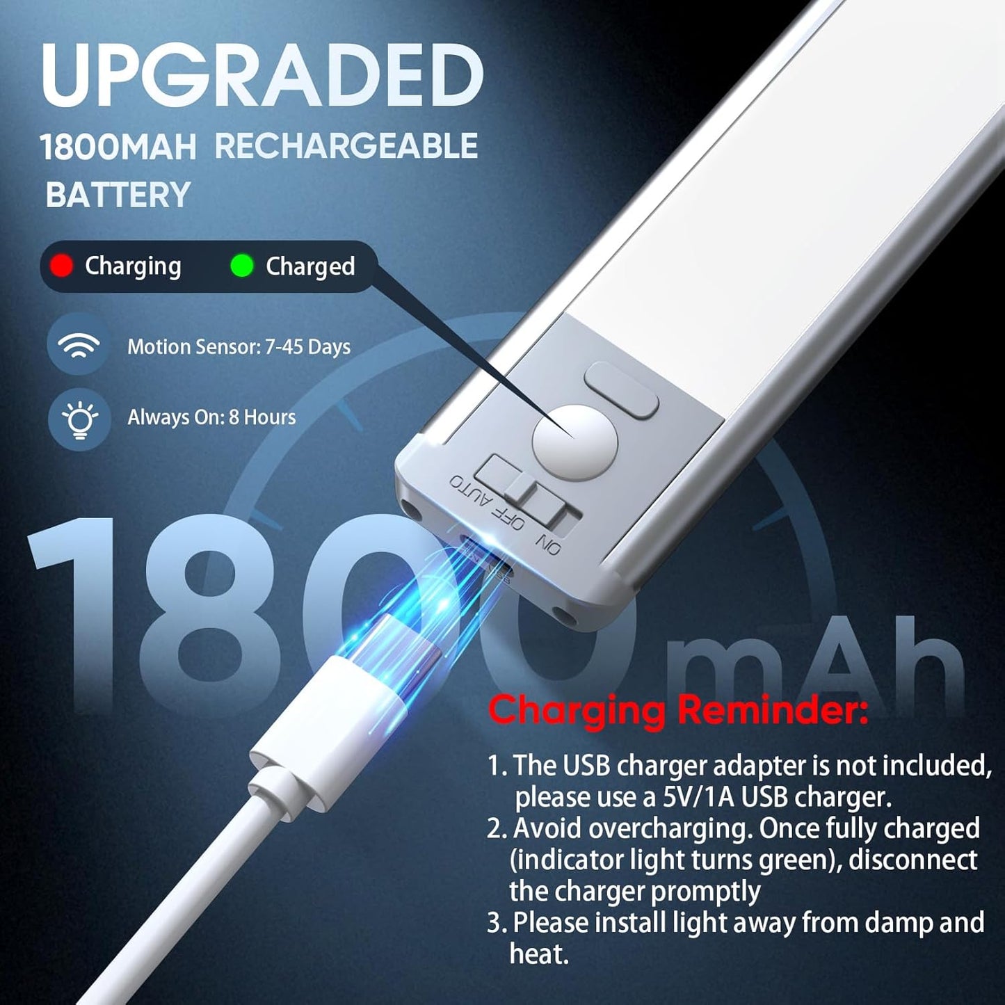 MCGOR 10inch Under Cabinet Lighting, 2 Pack Rechargeable Motion Sensor Light Indoor, 5 Levels Dimmable Magnetic Closet Lights, Wireless Under Counter Lights for Kitchen, Stairs