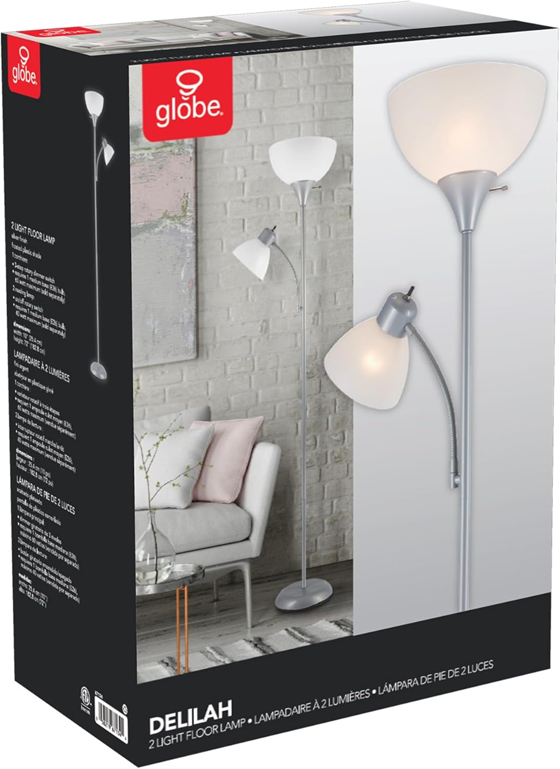Globe Electric 67134 72" Torchiere Floor Lamp and Adjustable Reading Light, Silver, Frosted Shade, Dual Rotary Switch, 3-Step Dimming, Modern Lighting for Living Room or Office, Timeless