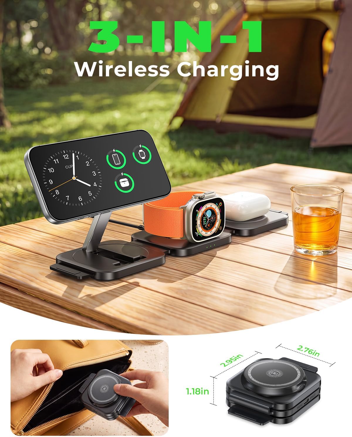 Travel Essentials for Apple Watch Charger,3 in 1 Charging Station for Apple Devices,Foldable Wireless Charging Station for iPhone 17/16/15/14/13/12, Apple Watch & AirPods with Magsafe Charger Stand