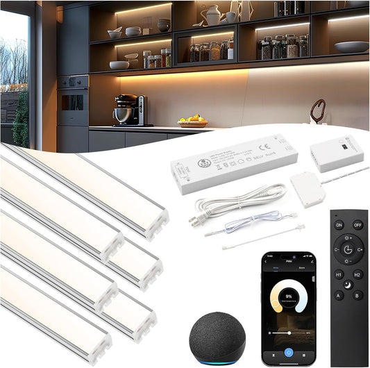 VST Smart Under Cabinet Lighting 6 Bars - UL Listed CRI 93+ Adjustable COB Strip Lights, Alexa & Google Home Compatible, App/Voice/Hand Wave Control for Kitchen Cabinets & Closets