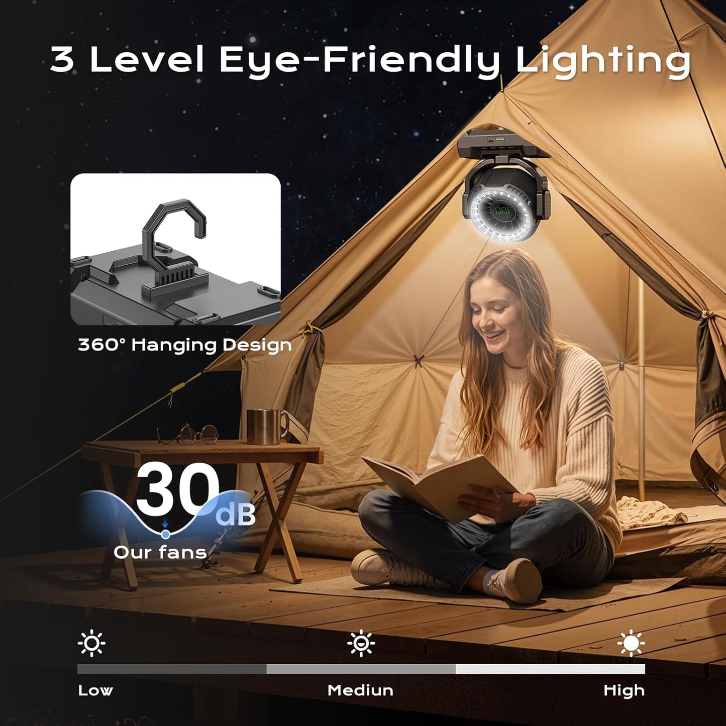 24000mAh Camping Fan, Portable Rechargeable Fan, Battery Powered Fan with LED Lantern & 120° Oscillation, Battery Operated Ventiladores for Travel, Tent, Fishing, Jobsite, Outdoor, Gifts for Men Dad