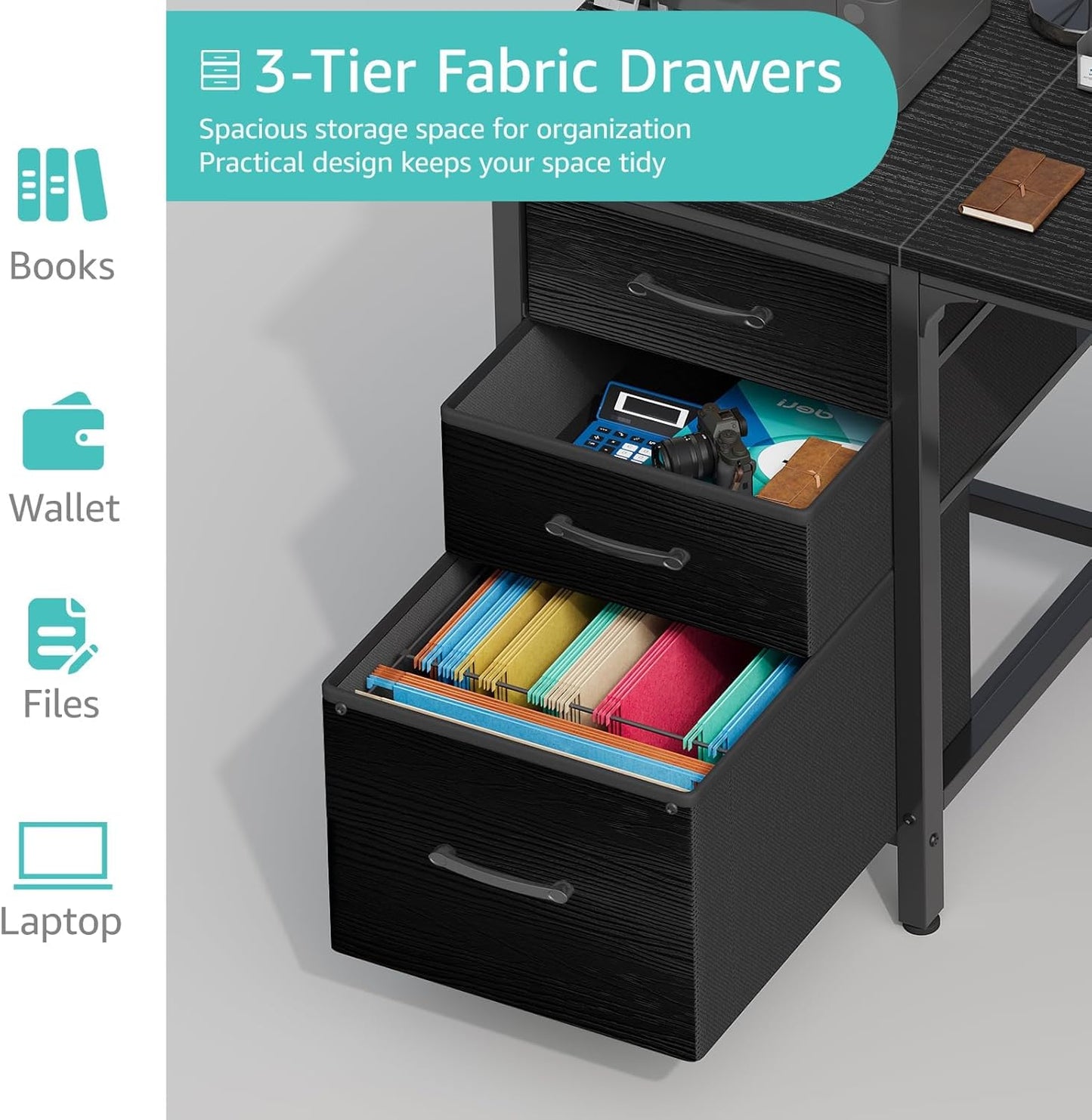 Lufeiya Computer Desk with Fabric File Drawers Cabinet, 55 Inch Reversible Home Office Desks with Filing Cabinet, Study Writing Table PC Desks with Storage for Bedroom, Black