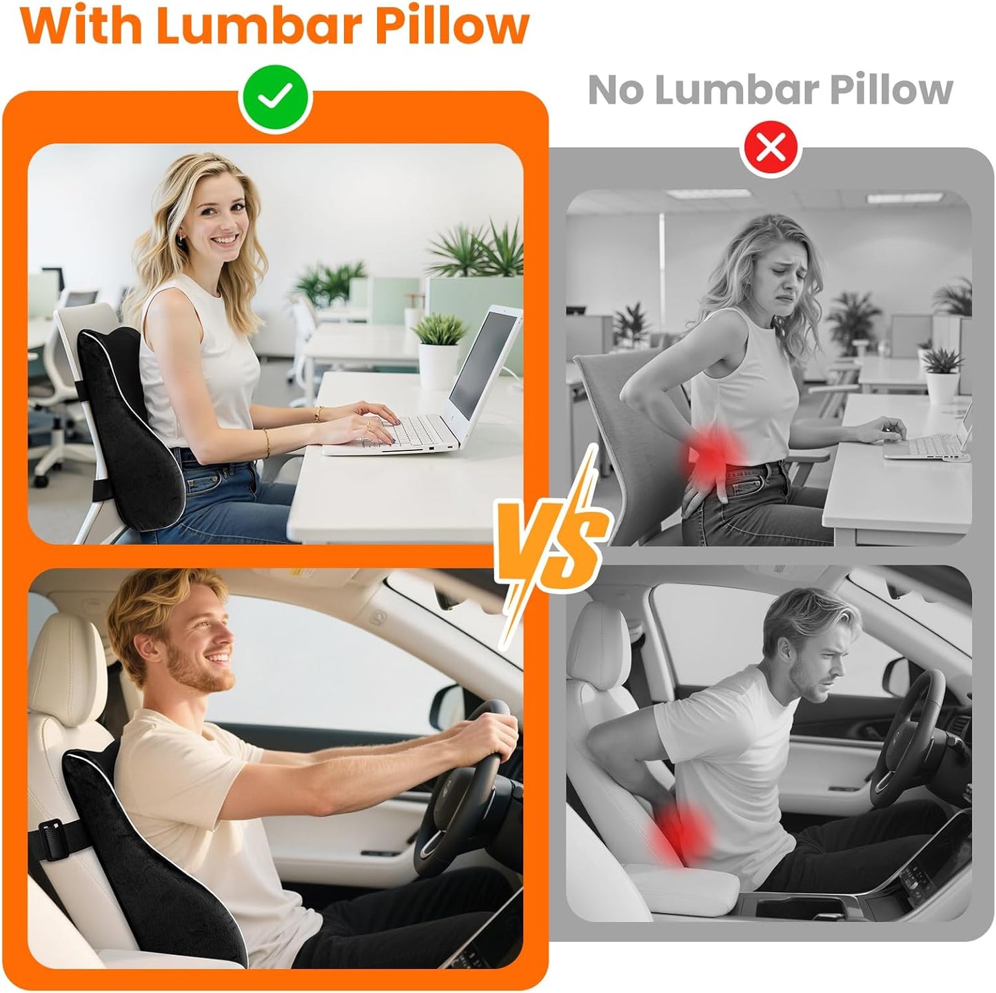 CloudBliss Ergonomic Lumbar Support Pillow – Memory Foam for Lower Back Pain Relief, Adjustable Straps & Mesh Cover for Office, Gaming, Car Seat & Home Essentials (Black)