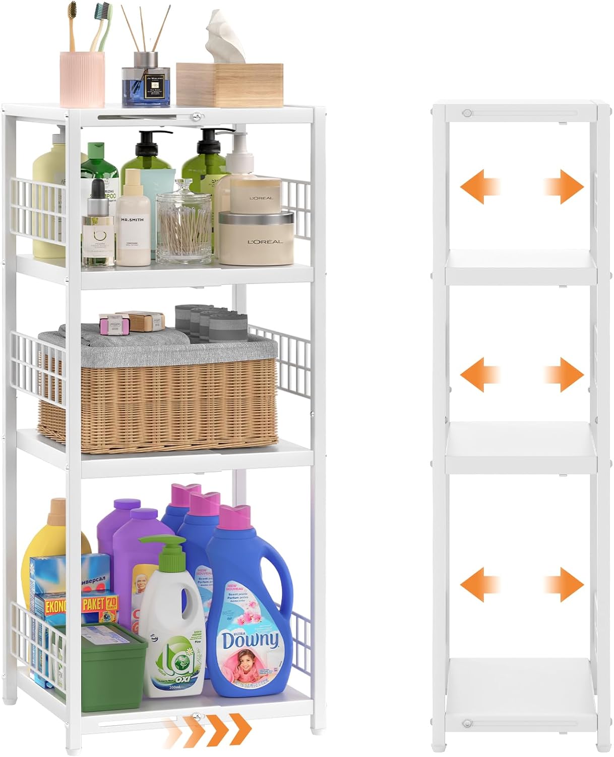 DAOUTIME Expandable Slim Storage Shelf, 3 Tier Metal Shelving Unit for Bathroom Storage Organizer, Free-Standing Narrow Shelf, Open Floor Shelves for Small Spaces,Laundry,Bathroom,Kitchen, White