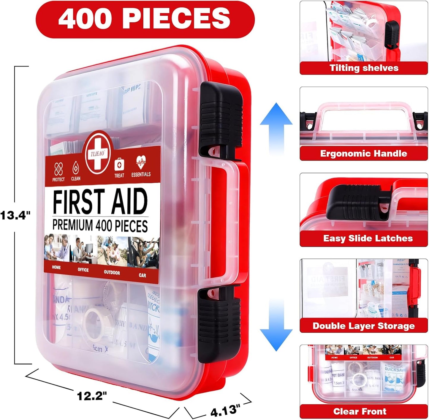 400 Pieces All-Purpose First Aid Kit - Organized Dual-Layer Wall - Professional Medical Kit for Home, Car, Camping, Travel, Office, Outdoor, Business & Sports