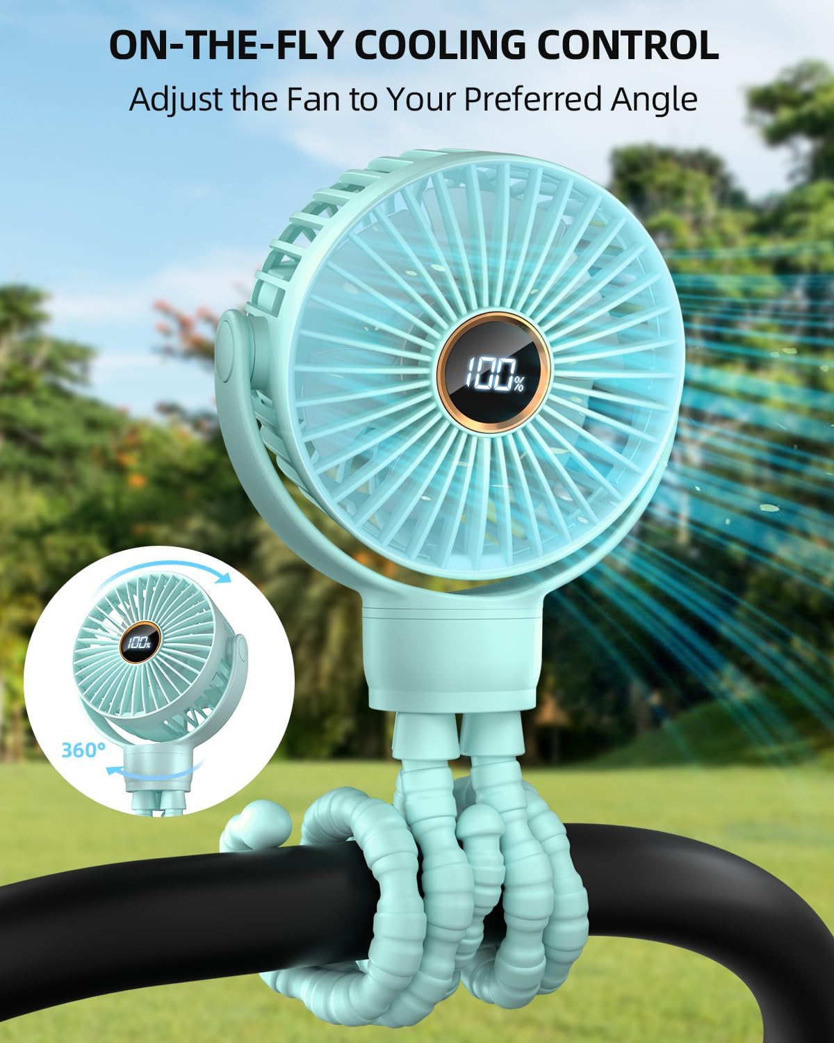 Portable Stroller Mini Fan, Small Rechargeable Personal Fan, Travel Essentials for Baby, Wagon, Car Seat, Treadmill, Battery Powered Biking Gear Accessories, 360° Rotation, 3-Speed, Display, Aqua