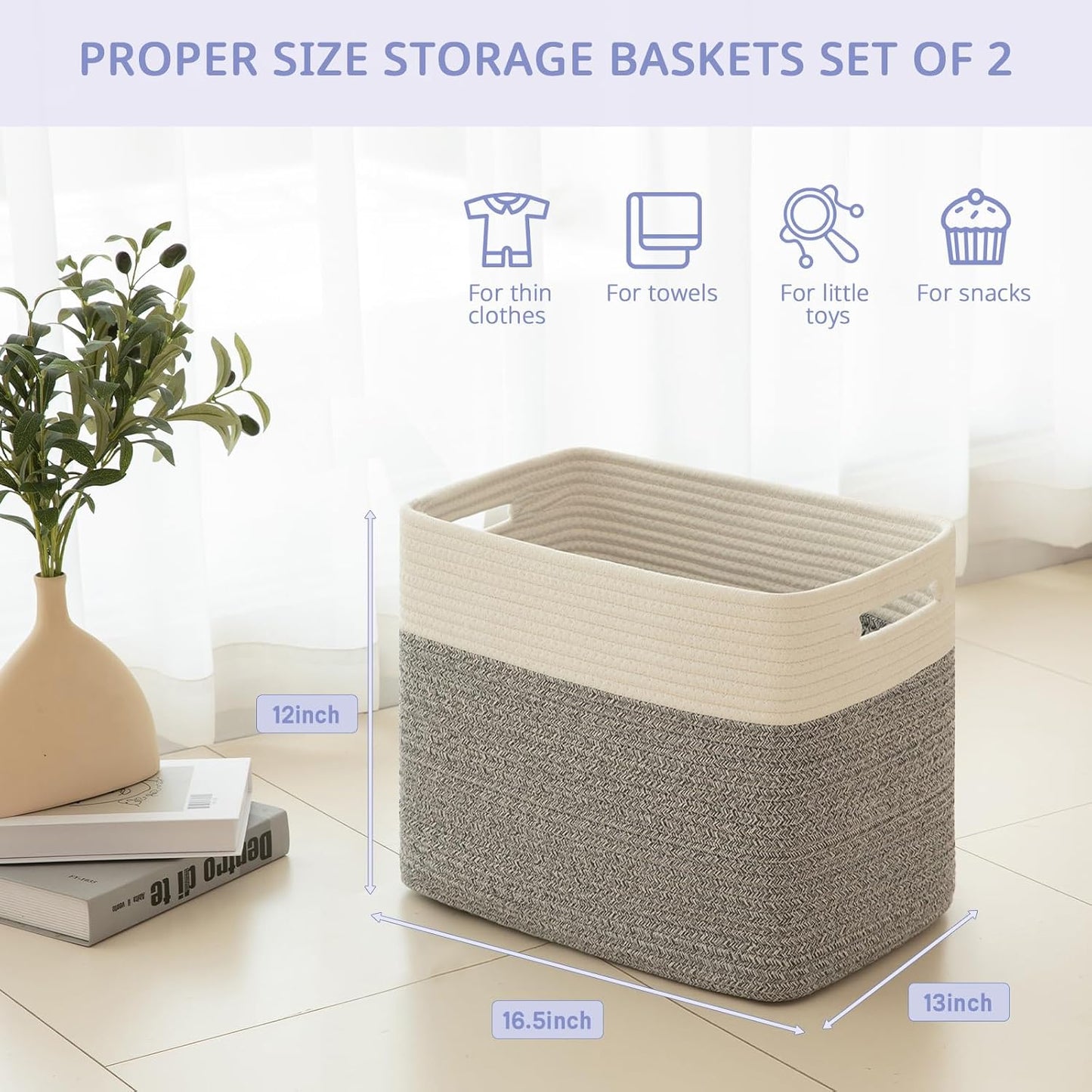 OIAHOMY 2 PACK Tall Storage baskets 42L Blanket Basket Living Room Grey | Large Collapsible Storage Bins Narrow Basket Baskets for Closet Organization Storage Baskets for Shelves Toy Storage Basket