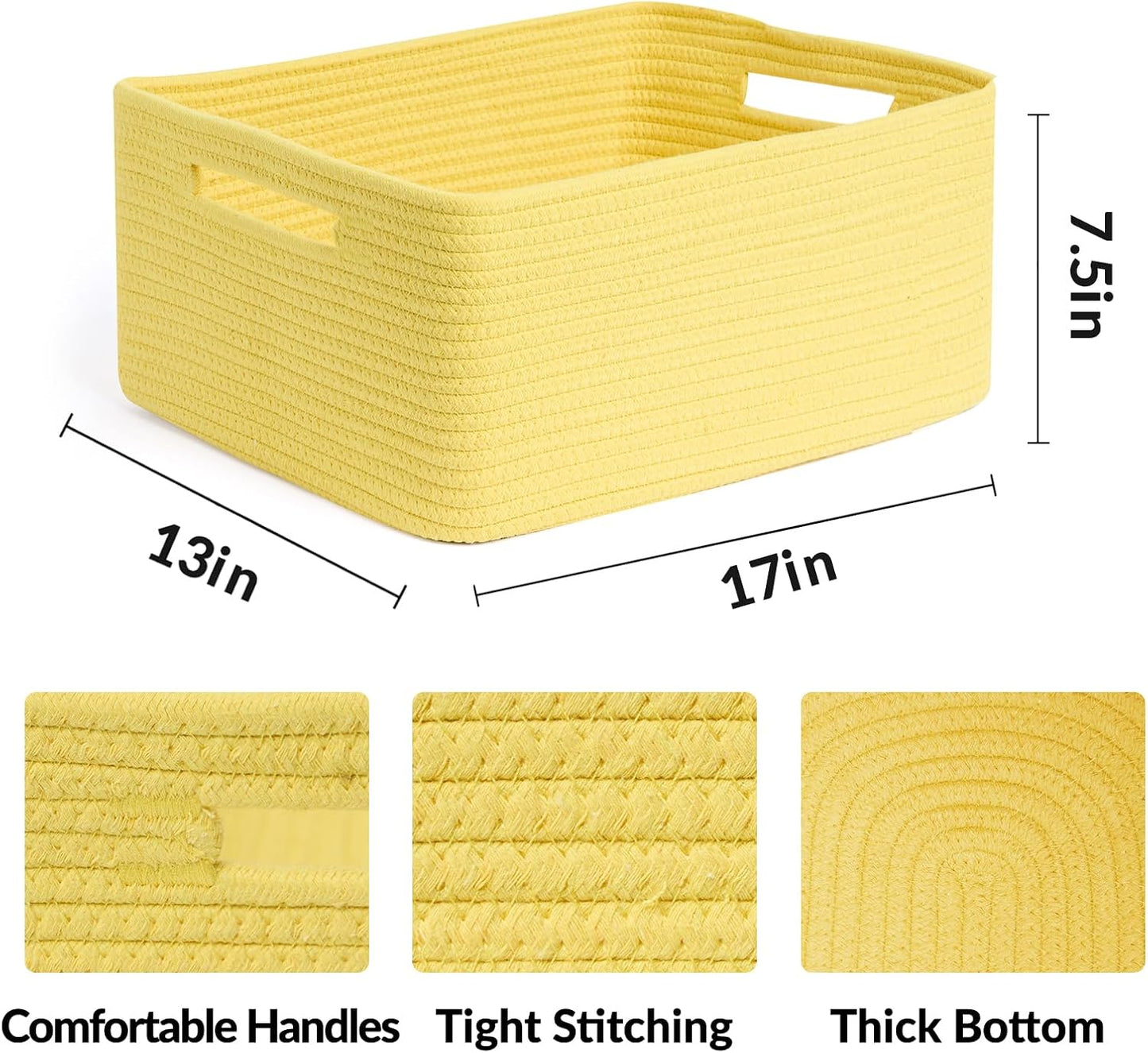MiniArk Large Storage Baskets for Shelves, 17 x 13 x 7.5” Closet Organizers Bins for Clothes Blanket Towels, Baby Nursery, Toy Baskets Box, Woven Rope Baskets, 2 Packs Yellow