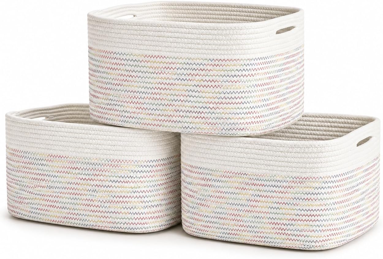 OrganiHaus Rainbow Baskets for Shelves, Set of 3, 15x9x10 | Colorful, handwoven cotton rope; a toy bin for playroom, classroom, or girls' room decor; great for nursery too