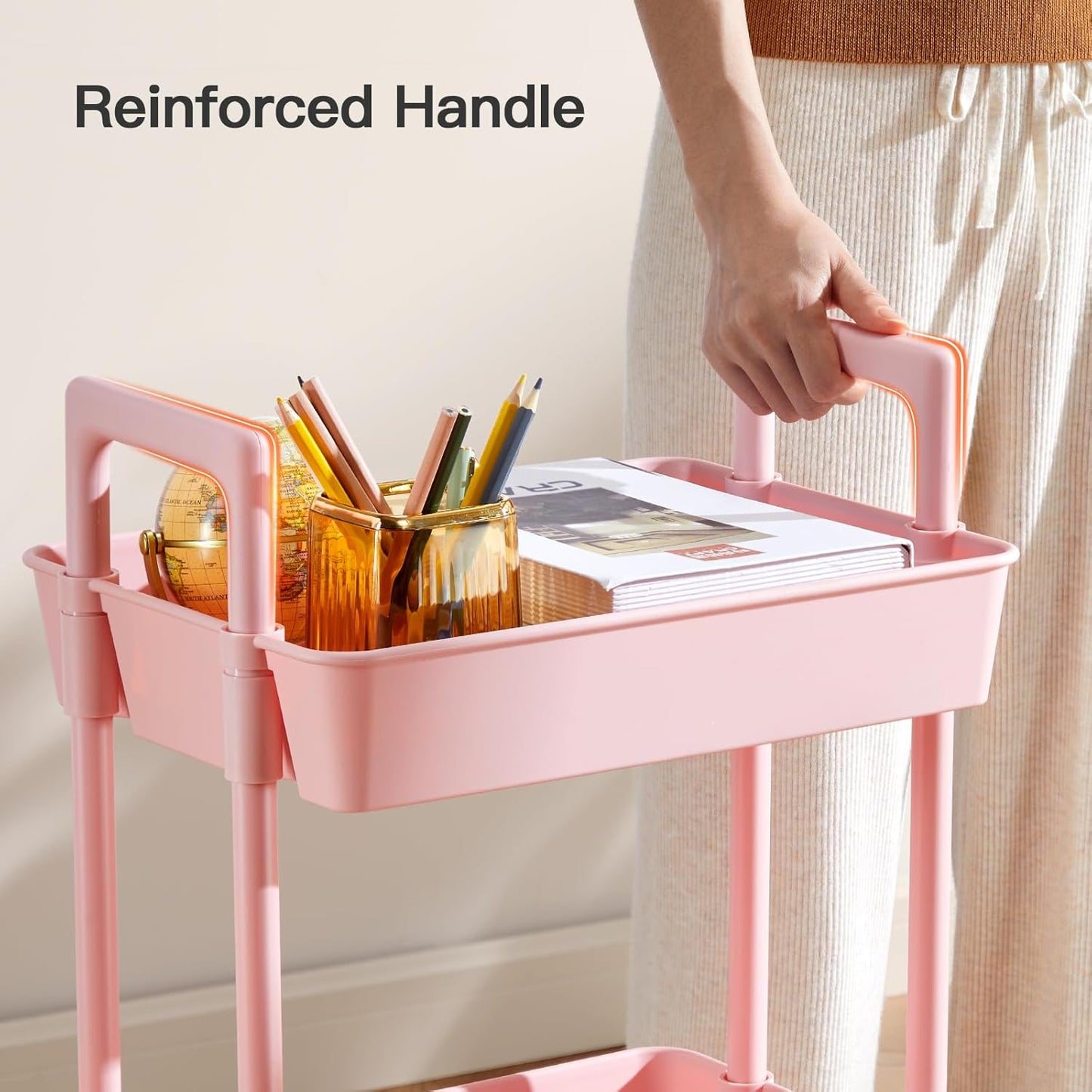 Pipishell 3 Tier Rolling Cart Organizer, Plastic Rolling Cart with Lockable Wheels & Reinforced Handle, Lightweight Utility Storage Cart for Nursery, Kitchen, Craft Room, Pink