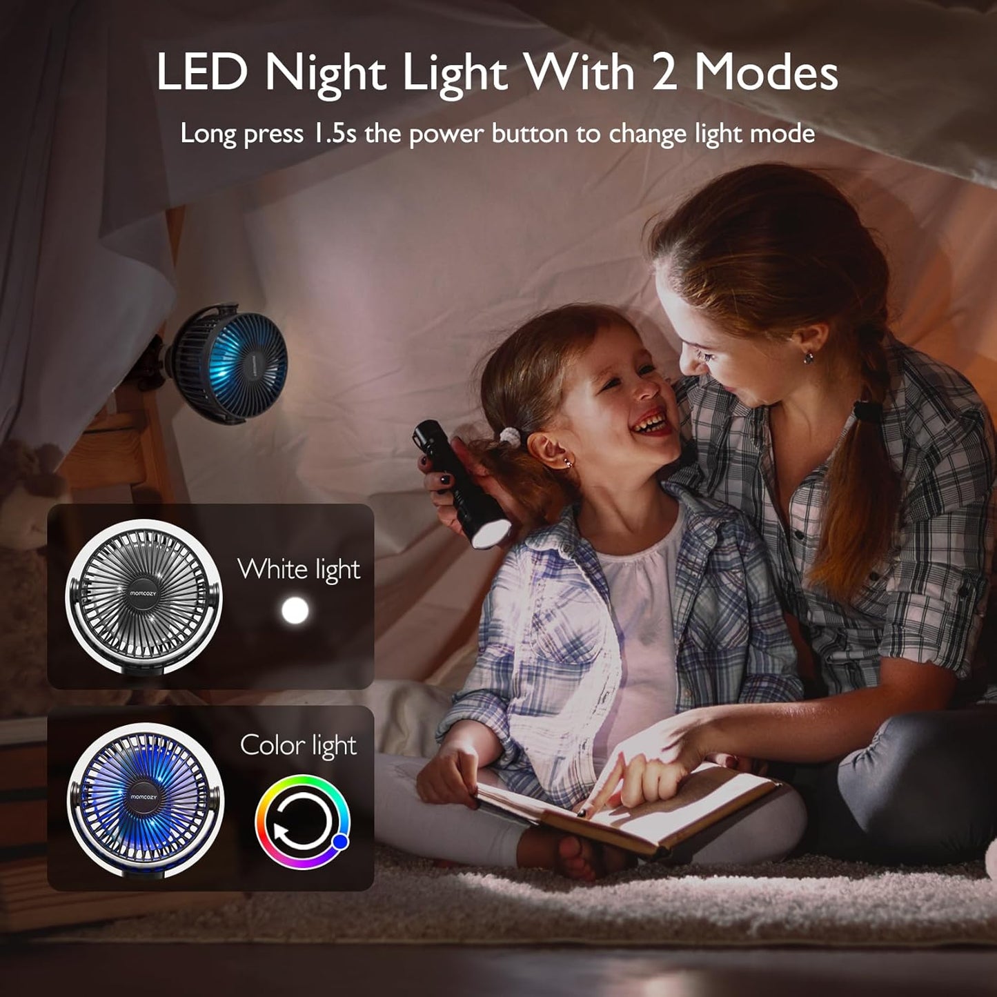 Momcozy 8000mAh Portable Stroller Fan | 27H Ultra-long Battery Life | Detachable 4 Speed 360°Rotate | 2 Modes LED Night Light, USB Rechargeable Handheld Cooling Fan for Travel, Car Seat, Bedroom