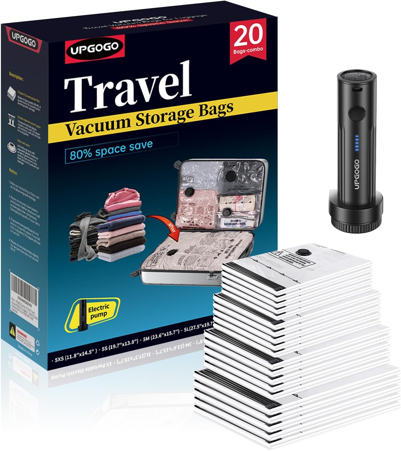 UPGOGO Travel Vacuum Bags for Luggage with Portable Electric Pump,Vacuum Seal Bags for Clothing,Packing Cubes Compression,Cruise Ship and Travel Essentials(Combo 9 Pack)