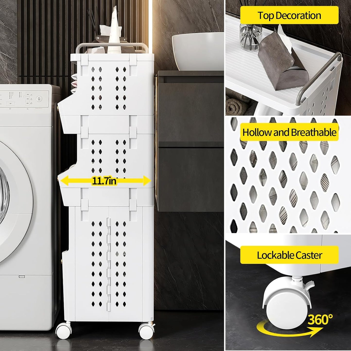 Laundry Basket with Wheels,Rolling Folding Laundry Hamper,utility cart,Kitchen storage Cart,Stackable Storage Bins Open Front,Dirty Clothes Hamper,Plastic laundry room organization