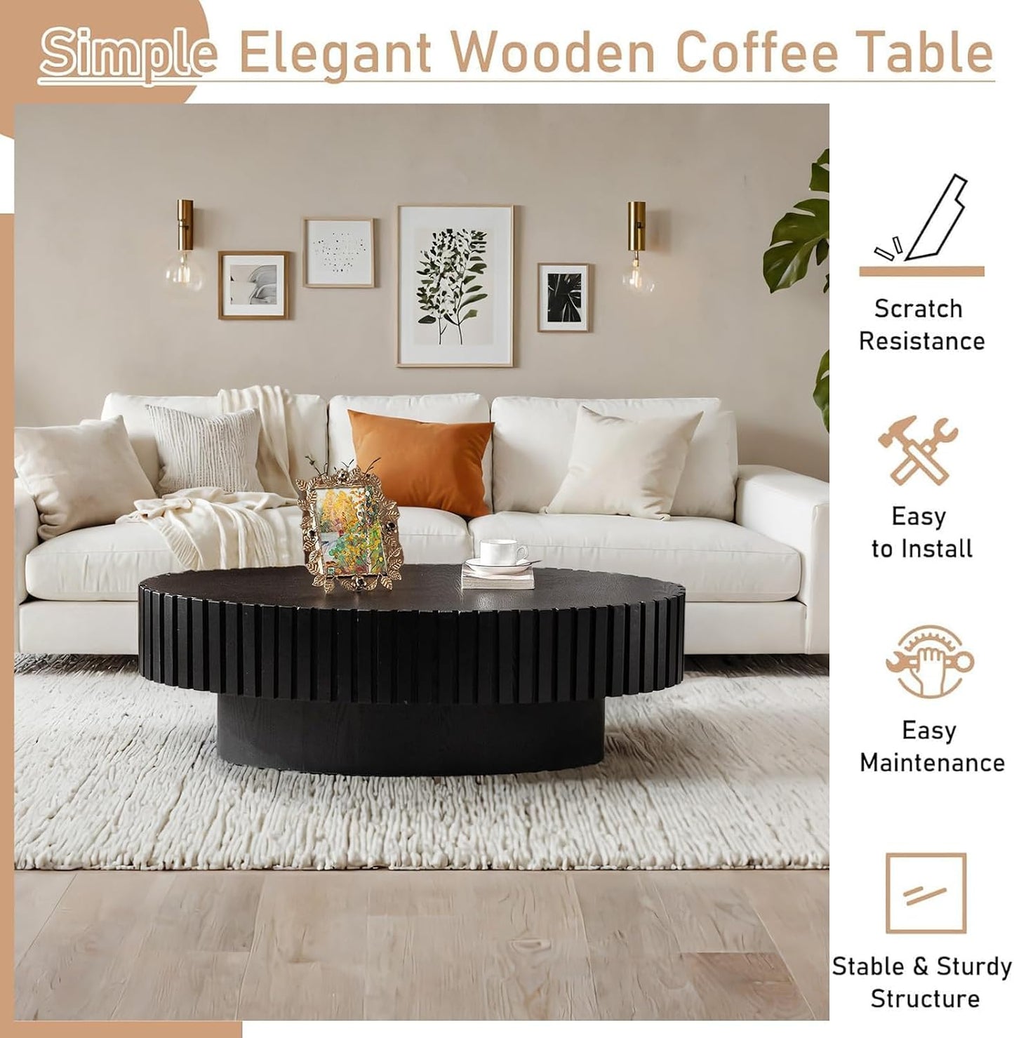 Mid Century Modern Oval Fluted Coffee Table (K) | Handcraft Drum Coffee Table, Sturdy Pedestal, Wood Veneer Top, for Living Room Reception Room Farmhouse