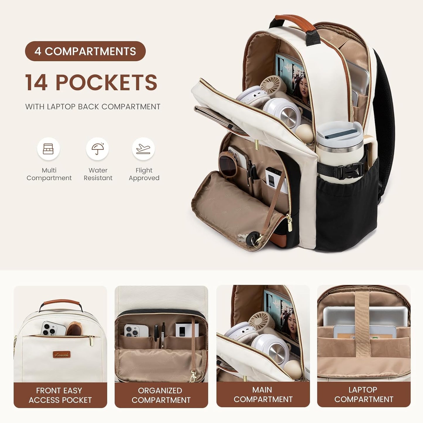 LOVEVOOK Laptop Backpack for Women with Pouch Pocket for Large Capacity Cup,15.6 Inch Teacher Nurse College Work Travel Backpack Purse,Waterproof Laptop Computer Bags,Beige-Black-Brown+Diamond-shaped