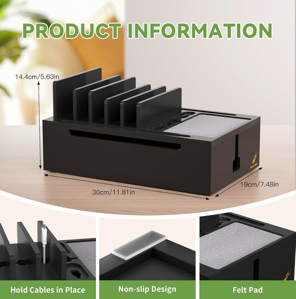 Pezin & Hulin Bamboo Charging Station-Black, (No USB Charger and Cables)