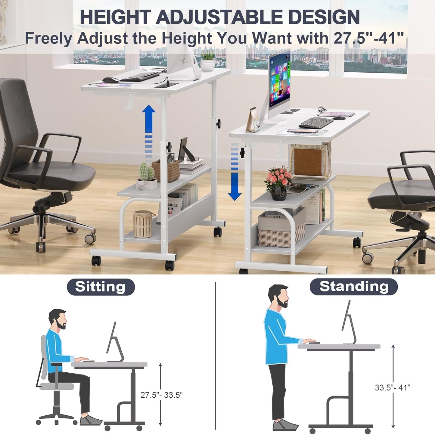 Armocity Rolling Standing Desk with Charging Station, Portable Height Adjustable Mobile Computer Desk with Wheels & 2-Tier Shelves & Hooks, Easy Assembly Laptop Table for Couch Bed, 32" White