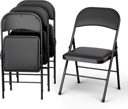 Our Modern Space 4 Pack Leather Chair | Foldable & Stackable | 350 lbs Capacity Steel Frame Seats for Indoor or Outdoor | Commercial Use Events Wedding Party Events Bulk Picnic Kitchen Dining - Black