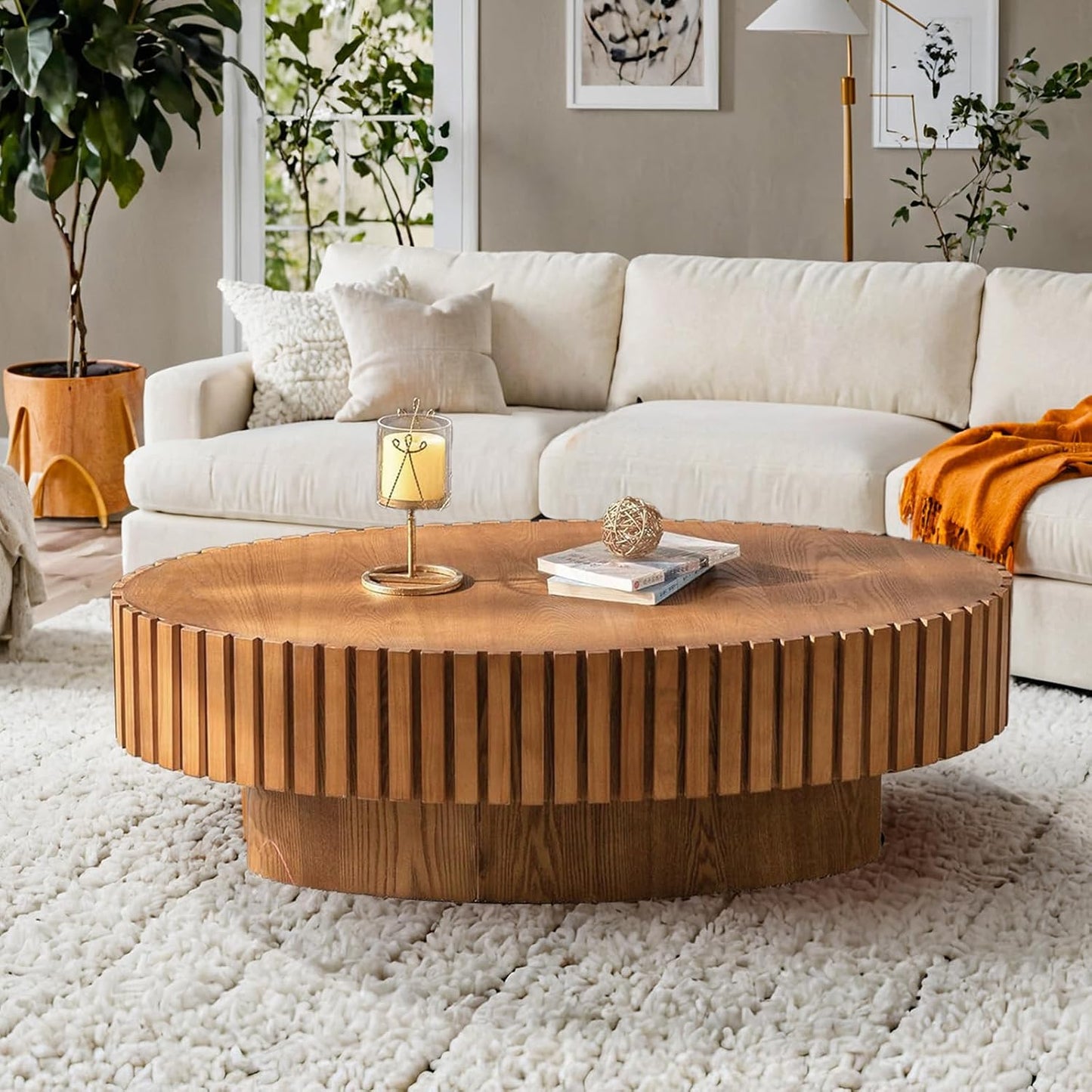 43.3" Oval Coffee Table for Living Room (Wood) | Oval Drum Fluted Coffee Table, Modern Handcrafted Fluted Drum Coffee Tables for Living Room