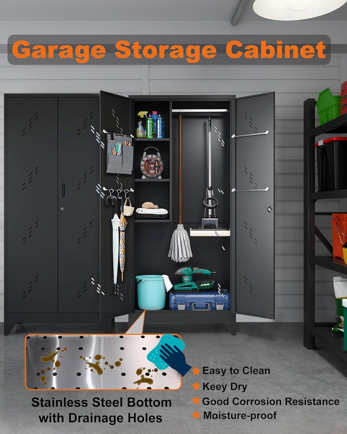 OSEILLC Metal Storage Cabinet with Locking Doors, 75" Tall Garage Cabinet with Hanging Rod, Broom Closet/Freestanding Bathroom Storage Cabinet, Cleaning Tool Storage